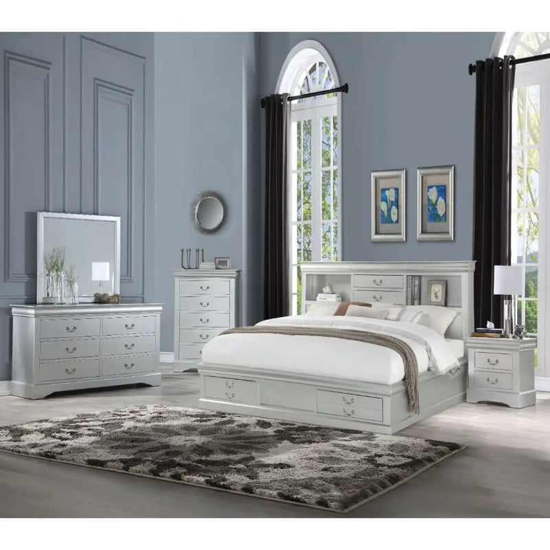 Araceli Queen Bed w/Bookcase Headboard and Storage Drawer, Platinum iHome Studio