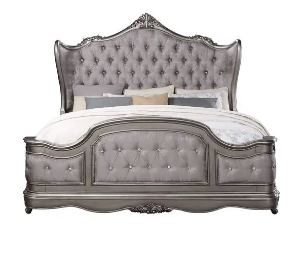 Arianna California King Bed, Velvet & Antique Platinum Finish iHome Studio