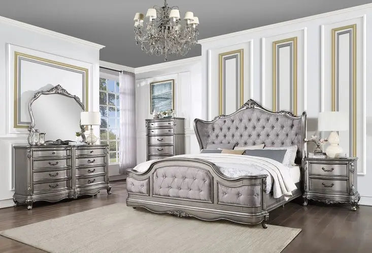 Arianna California King Bed, Velvet & Antique Platinum Finish iHome Studio