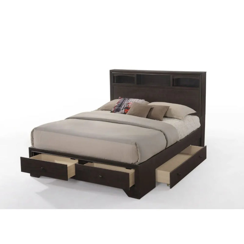 Arleth King Bed w/Bookcase Headboard, Espresso iHome Studio