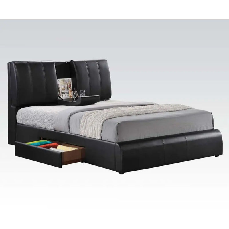 Artemis Queen Bed w/Headboard Storage and Drawer, Black Faux Leather iHome Studio