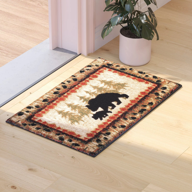 Athens Collection 2' x 3' Rustic Lodge Wandering Black Bear and Cub Area Rug with Jute Backing iHome Studio