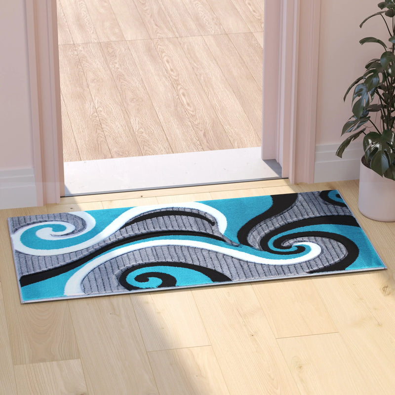 Athens Collection 2' x 3' Turquoise Abstract Type 3 Area Rug - Olefin Rug with Jute Backing iHome Studio