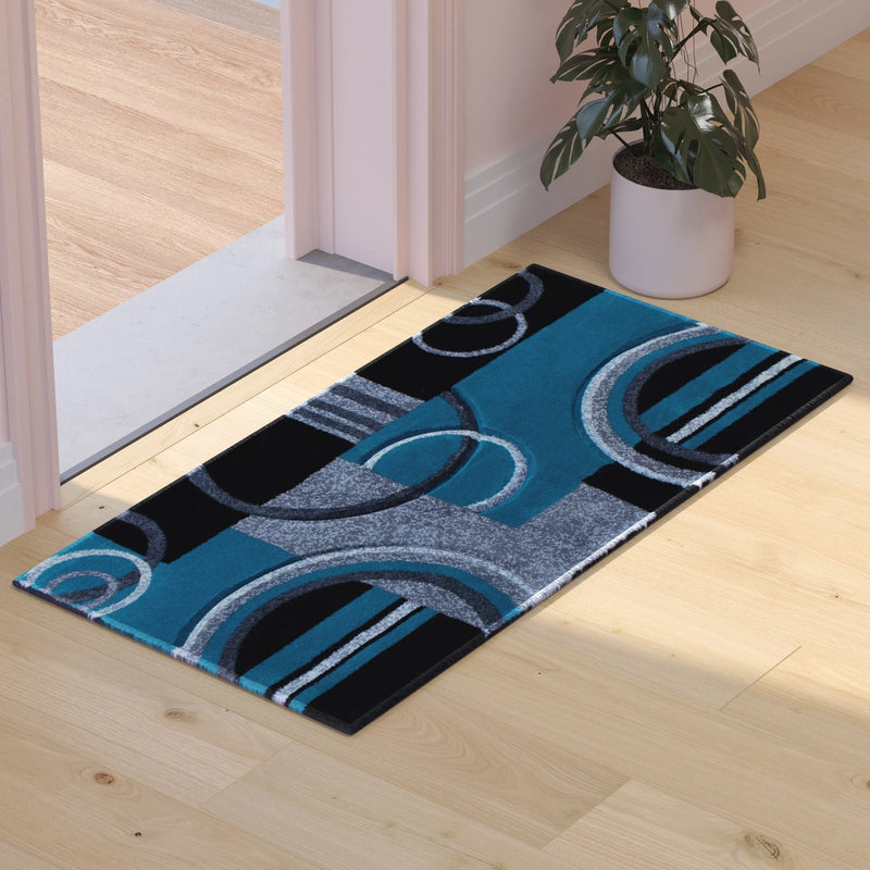 Athens Collection 2' x 3' Turquoise Geometric Abstract Area Rug - Olefin Rug with Jute Backing iHome Studio