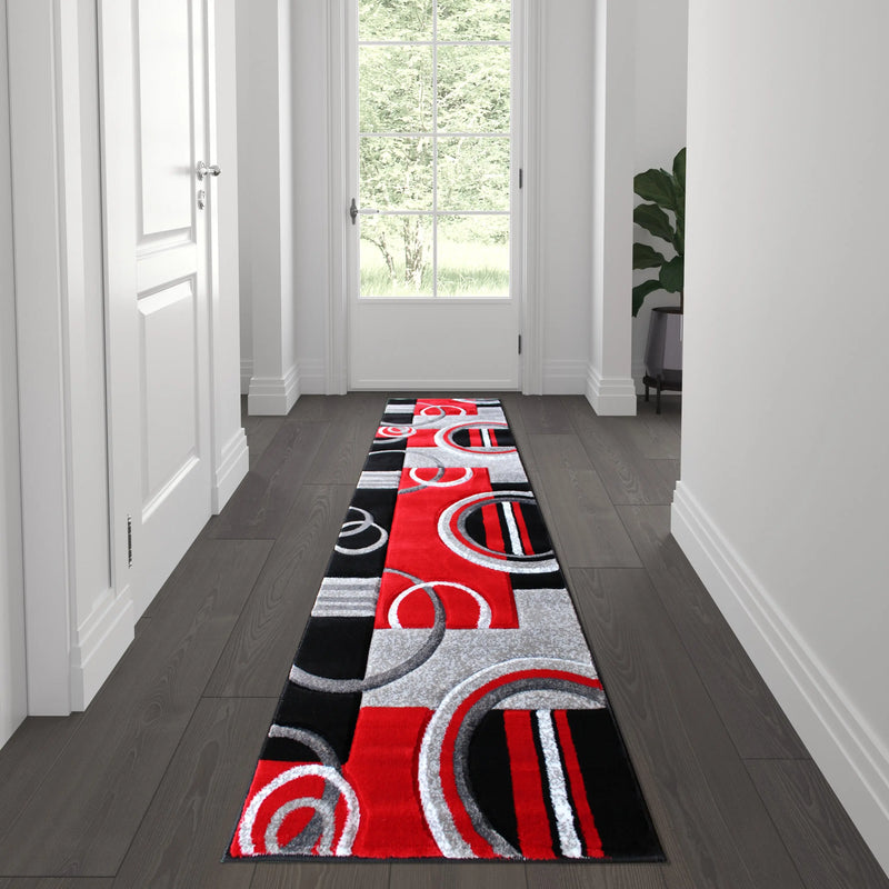 Athens Collection 2' x 7' Red Geometric Abstract Area Rug - Olefin Rug with Jute Backing iHome Studio