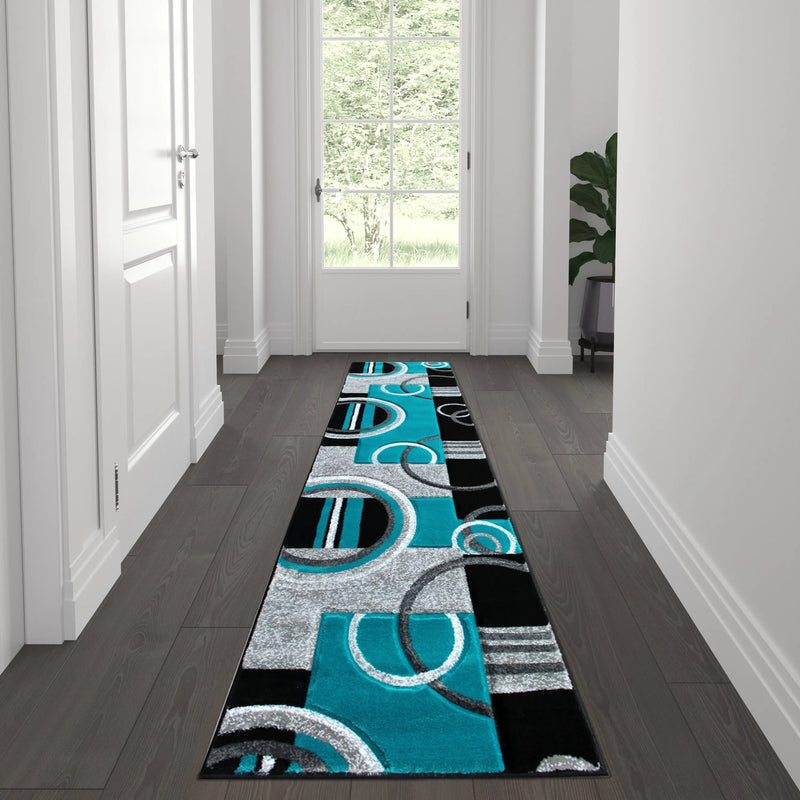Athens Collection 2' x 7' Turquoise Geometric Abstract Area Rug - Olefin Rug with Jute Backing iHome Studio