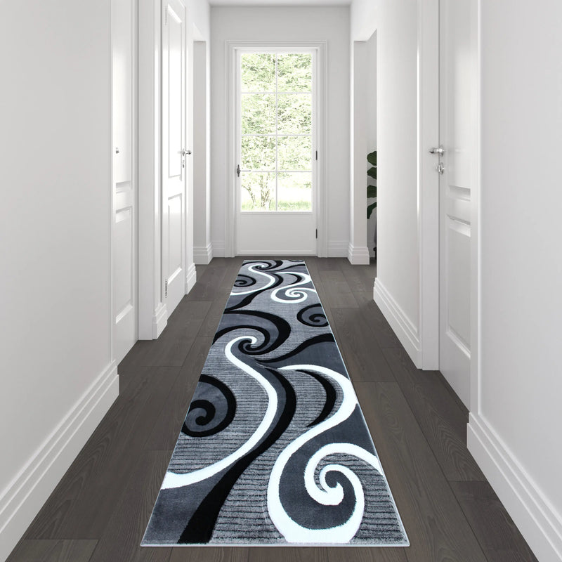 Athens Collection 3' x 10' Gray Abstract Type 3 Area Rug - Olefin Rug with Jute Backing iHome Studio