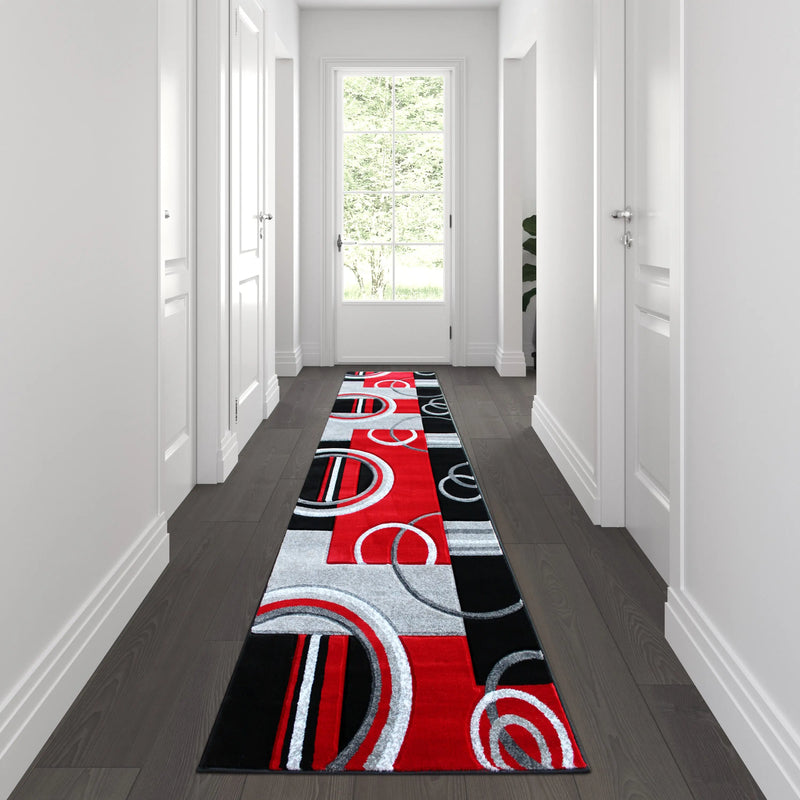 Athens Collection 3' x 10' Red Abstract Area Rug - Olefin Rug with Jute Backing iHome Studio