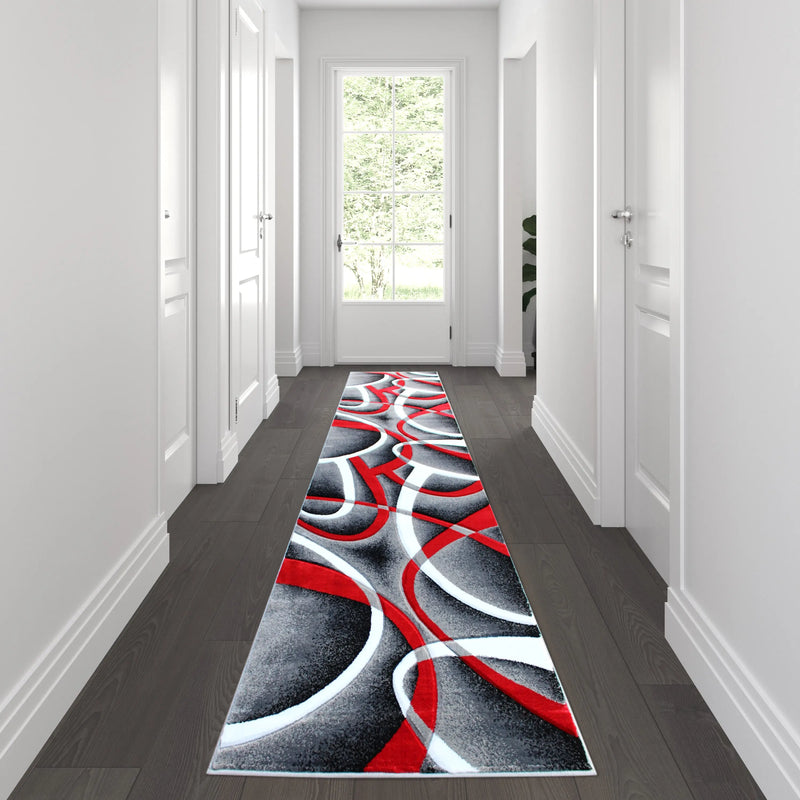 Athens Collection 3' x 10' Red Abstract Type 2 Area Rug - Olefin Rug with Jute Backing iHome Studio