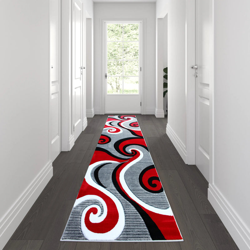 Athens Collection 3' x 10' Red Abstract Type 3 Area Rug - Olefin Rug with Jute Backing iHome Studio