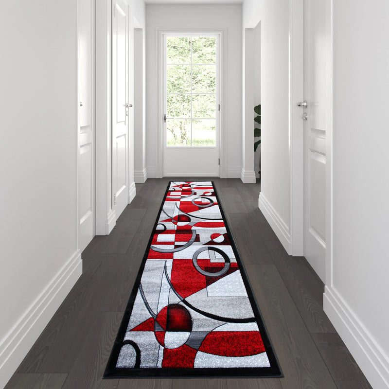 Athens Collection 3' x 10' Red Geometric Abstract Type 1 Area Rug - Olefin Rug with Jute Backing iHome Studio