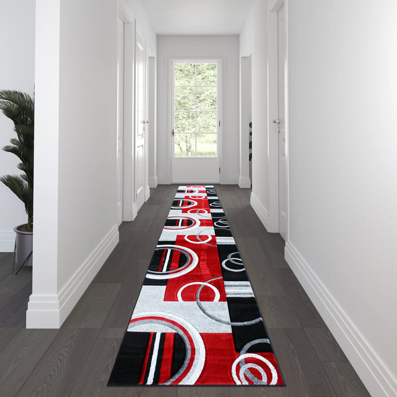 Athens Collection 3' x 16' Red Abstract Area Rug - Olefin Rug with Jute Backing iHome Studio