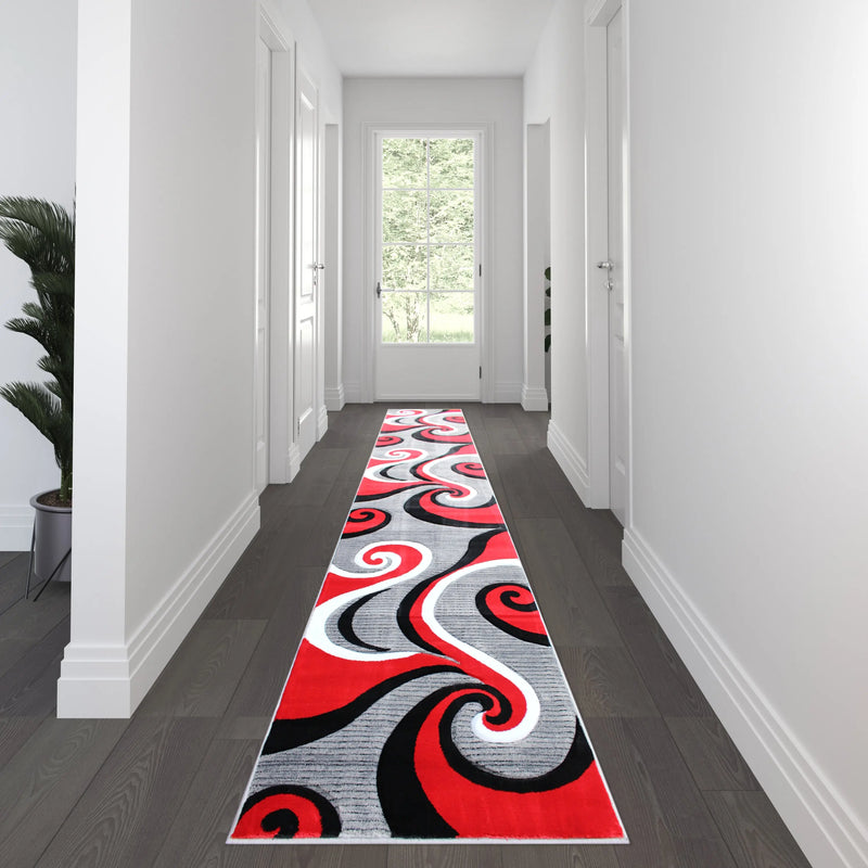 Athens Collection 3' x 16' Red Abstract Type 3 Area Rug - Olefin Rug with Jute Backing iHome Studio