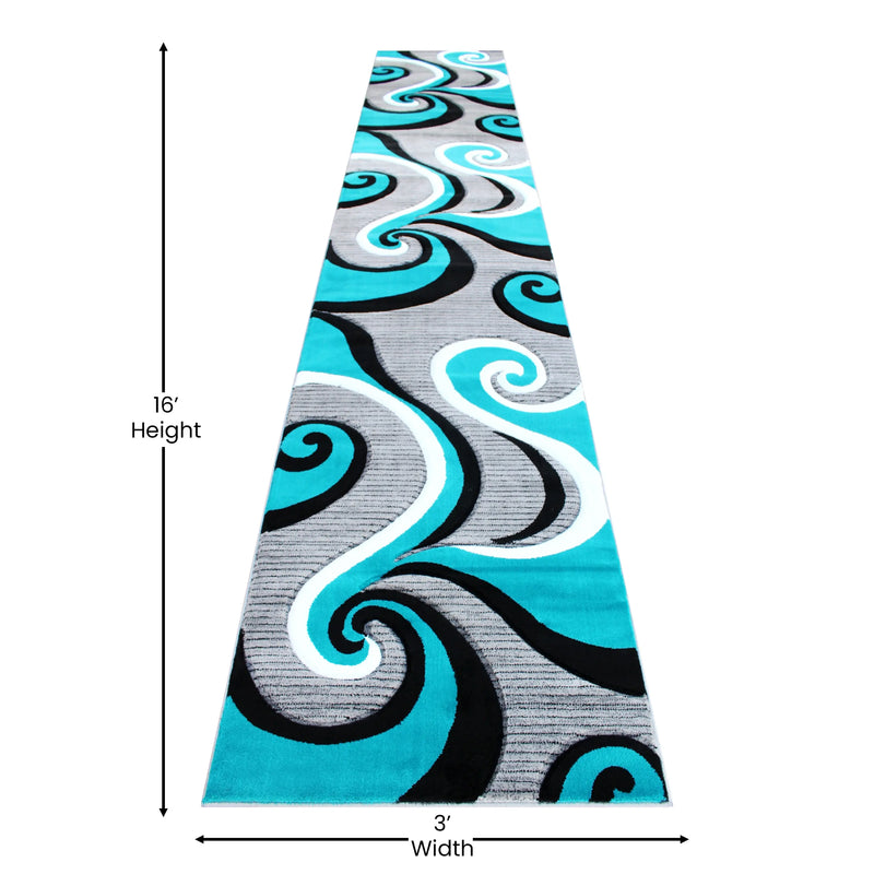 Athens Collection 3' x 16' Turquoise Abstract Type 3 Area Rug - Olefin Rug with Jute Backing iHome Studio