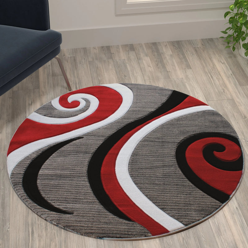 Athens Collection 4' x 4' Red Abstract Type 3 Area Rug - Olefin Rug with Jute Backing iHome Studio