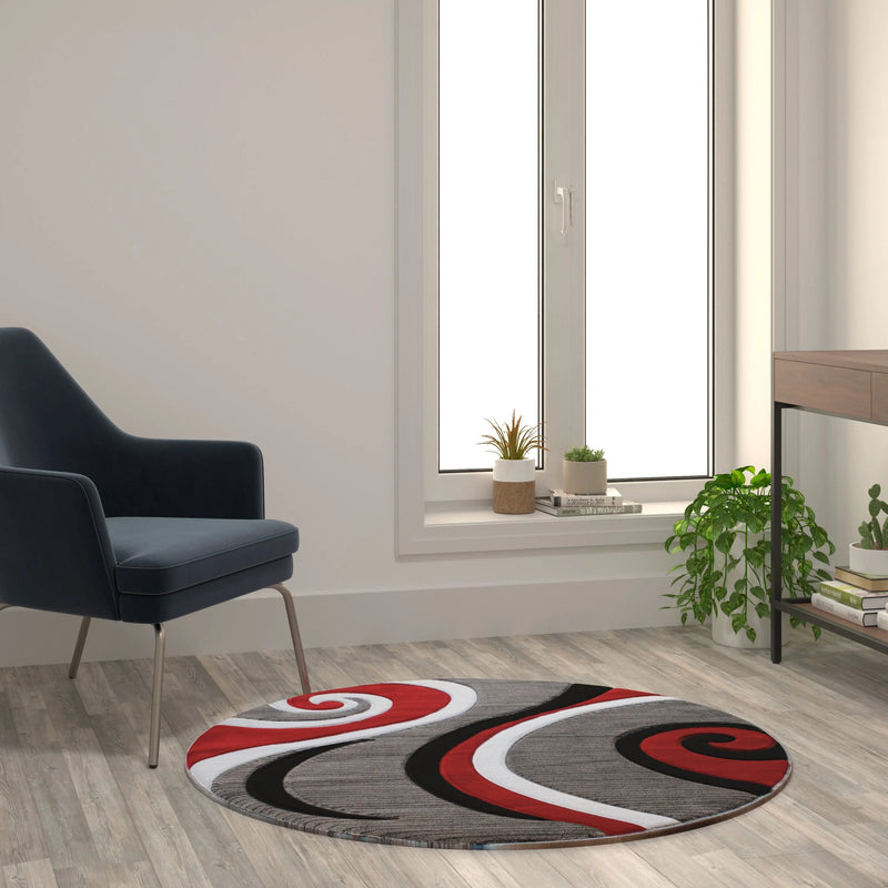 Athens Collection 4' x 4' Red Abstract Type 3 Area Rug - Olefin Rug with Jute Backing iHome Studio