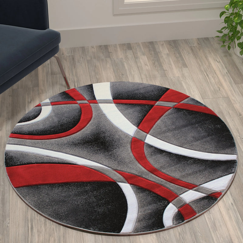 Athens Collection 4' x 4' Red Round Abstract Area Rug - Olefin Rug with Jute Backing iHome Studio