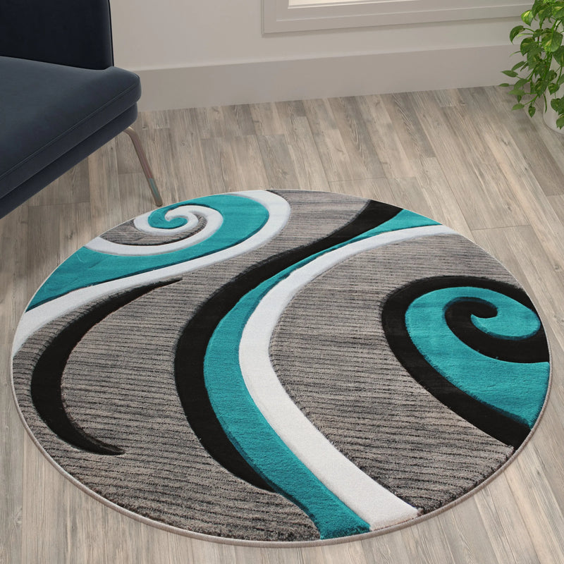 Athens Collection 4' x 4' Turquoise Round Abstract Area Rug - Olefin Rug with Jute Backing iHome Studio