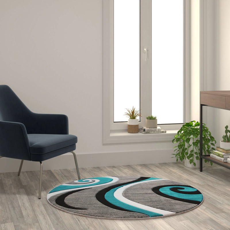 Athens Collection 4' x 4' Turquoise Round Abstract Area Rug - Olefin Rug with Jute Backing iHome Studio