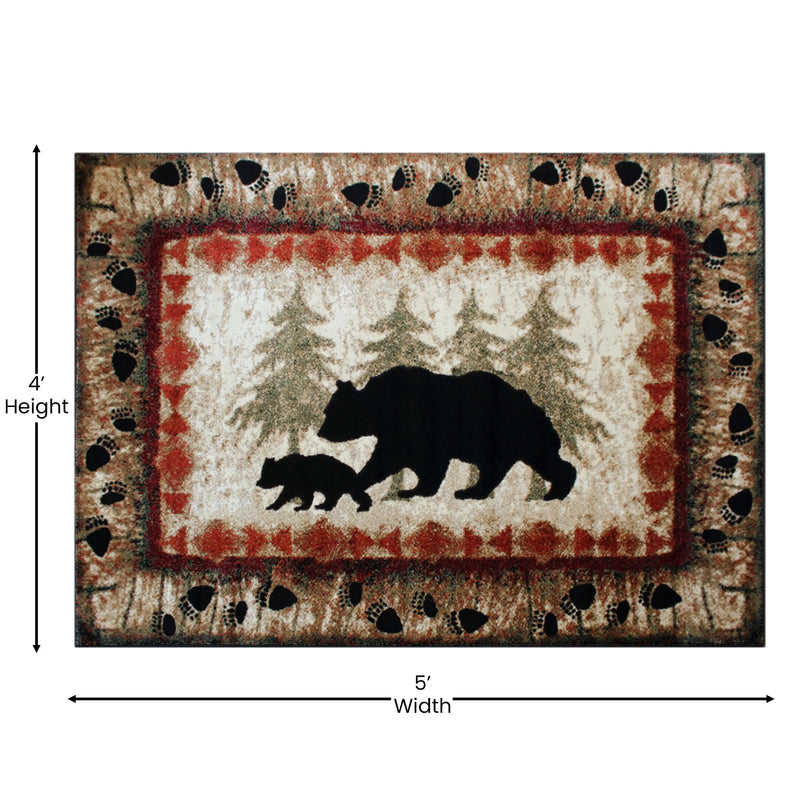 Athens Collection 4' x 5' Rustic Lodge Wandering Black Bear and Cub Area Rug with Jute Backing iHome Studio
