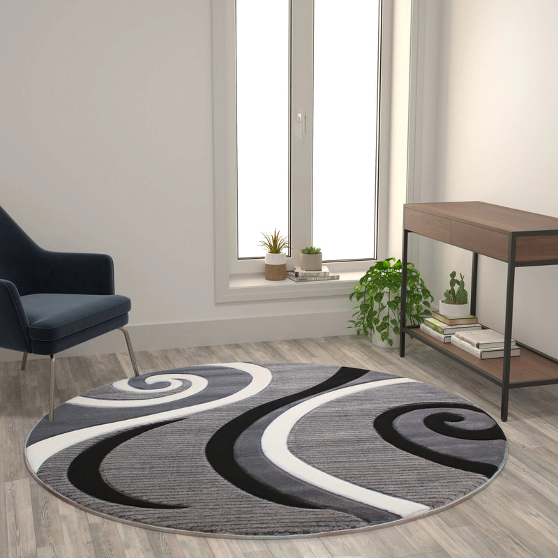 Athens Collection 5' x 5' Gray Abstract Type 3 Area Rug - Olefin Rug with Jute Backing iHome Studio