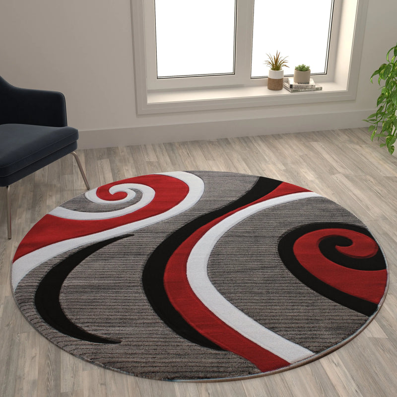Athens Collection 5' x 5' Red Abstract Type 3 Area Rug - Olefin Rug with Jute Backing iHome Studio