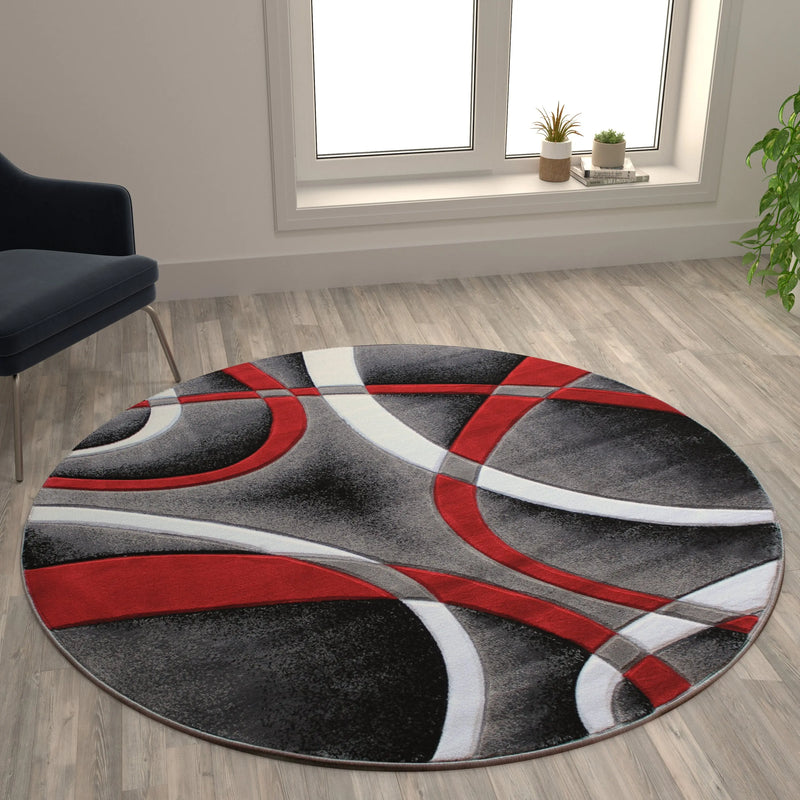 Athens Collection 5' x 5' Red Round Abstract Area Rug - Olefin Rug with Jute Backing iHome Studio