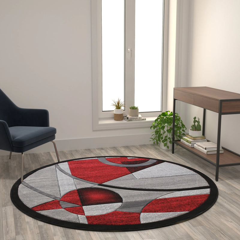 Athens Collection 5' x 5' Round Red Geometric Abstract Type 1 Area Rug - Olefin Rug with Jute Backing iHome Studio