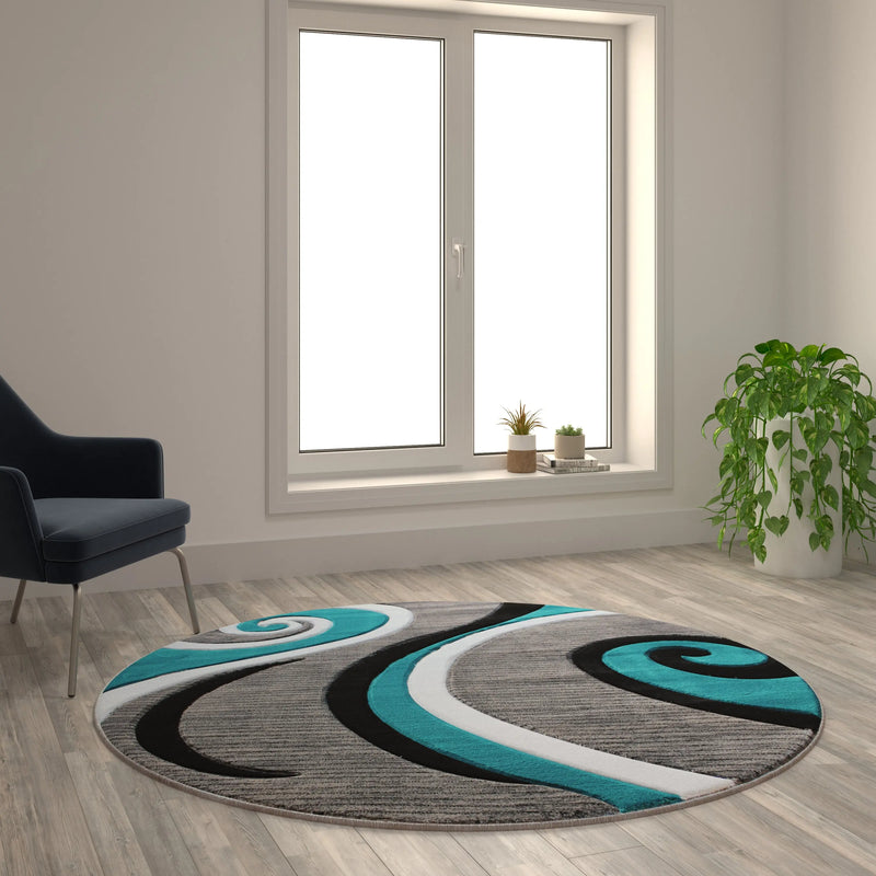 Athens Collection 5' x 5' Turquoise Abstract Type 3 Area Rug - Olefin Rug with Jute Backing iHome Studio