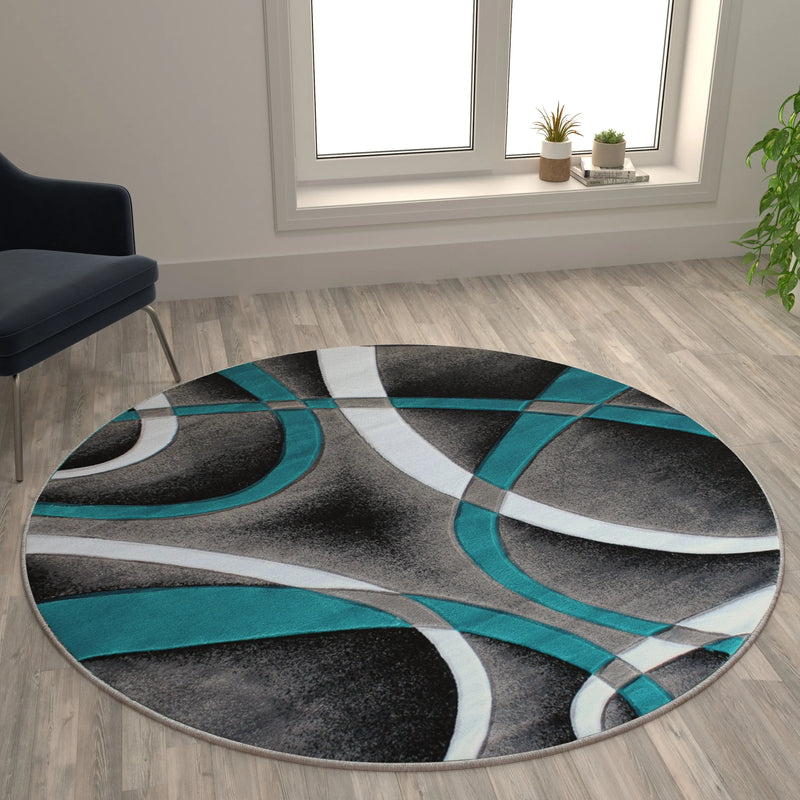 Athens Collection 5' x 5' Turquoise Round Abstract Area Rug - Olefin Rug with Jute Backing iHome Studio