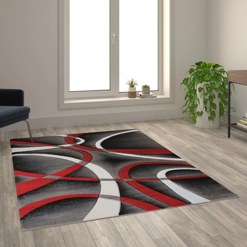 Athens Collection 5' x 7' Red Abstract Type 2 Area Rug - Olefin Rug with Jute Backing iHome Studio