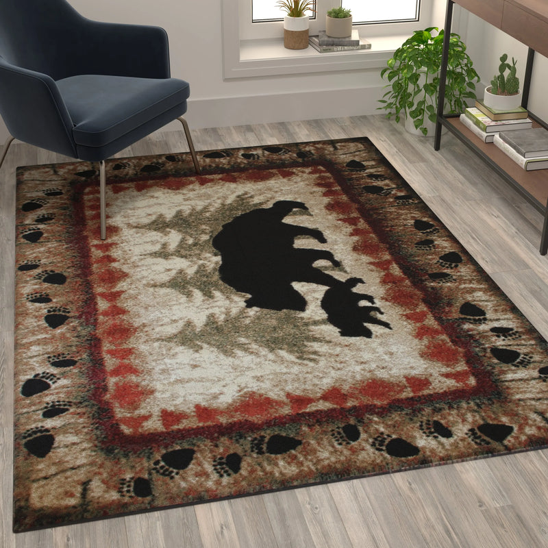 Athens Collection 5' x 7' Rustic Lodge Wandering Black Bear and Cub Area Rug with Jute Backing iHome Studio