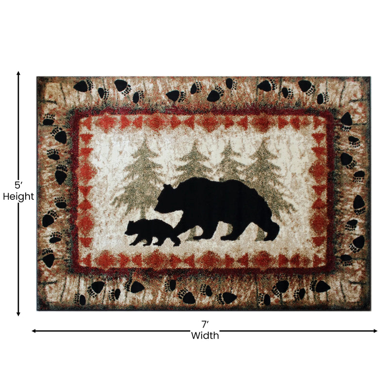 Athens Collection 5' x 7' Rustic Lodge Wandering Black Bear and Cub Area Rug with Jute Backing iHome Studio