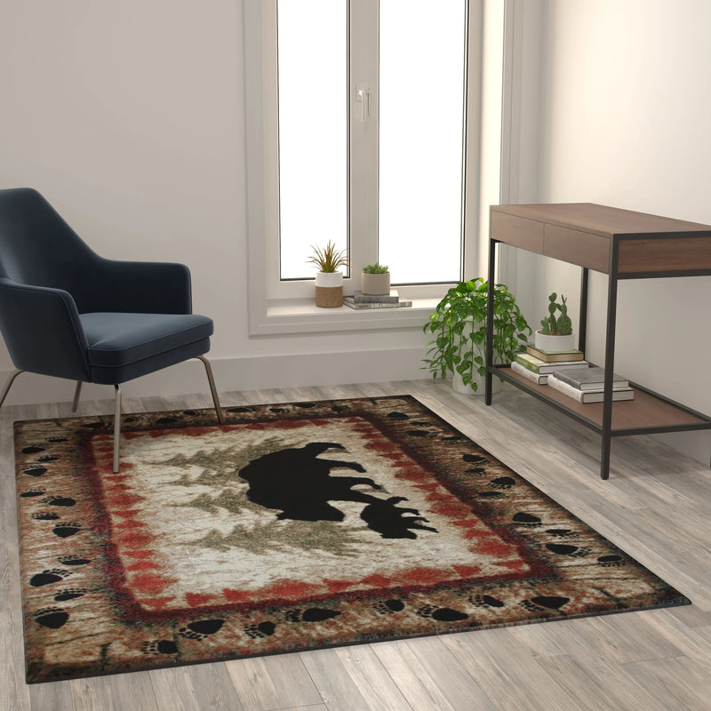 Athens Collection 5' x 7' Rustic Lodge Wandering Black Bear and Cub Area Rug with Jute Backing iHome Studio