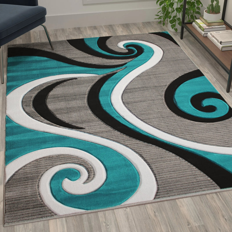 Athens Collection 5' x 7' Turquoise Abstract Type 3 Area Rug - Olefin Rug with Jute Backing iHome Studio