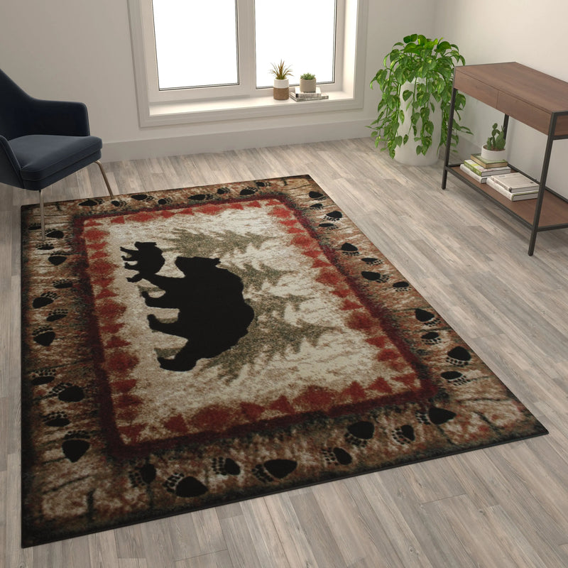 Athens Collection 6' x 9' Rustic Lodge Wandering Black Bear and Cub Area Rug with Jute Backing iHome Studio