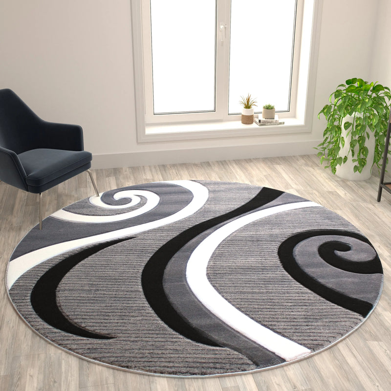 Athens Collection 8' x 8' Gray Abstract Type 3 Area Rug - Olefin Rug with Jute Backing iHome Studio