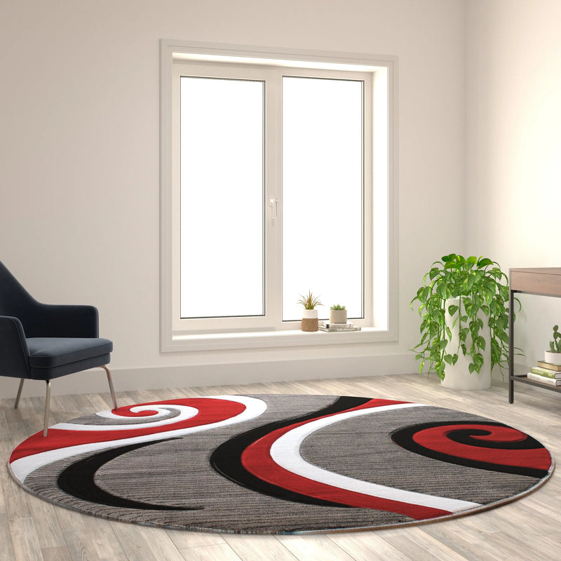 Athens Collection 8' x 8' Red Abstract Type 3 Area Rug - Olefin Rug with Jute Backing iHome Studio