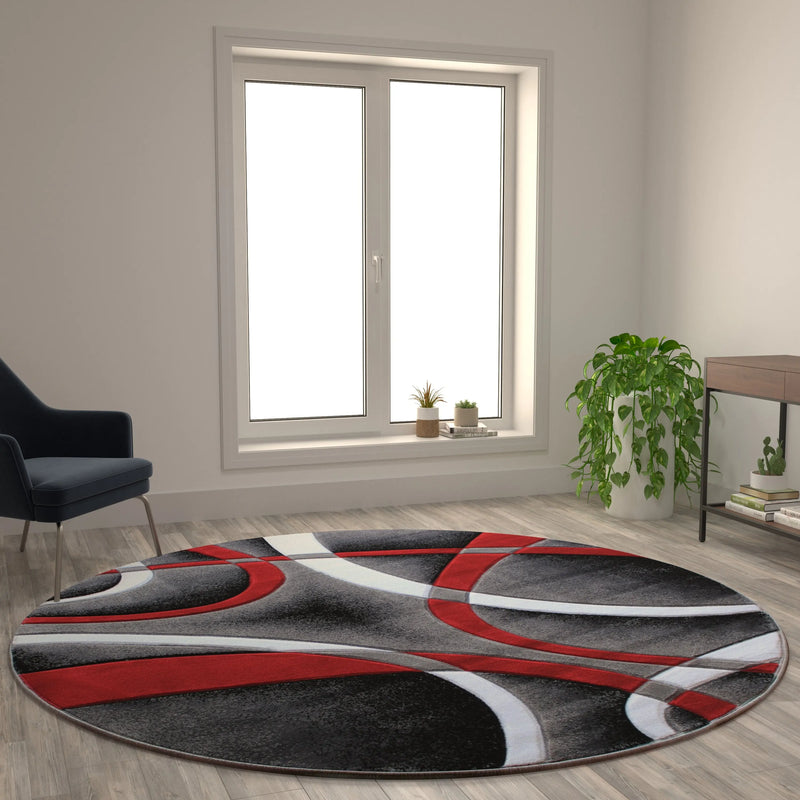 Athens Collection 8' x 8' Red Round Abstract Type 2 Area Rug - Olefin Rug with Jute Backing iHome Studio