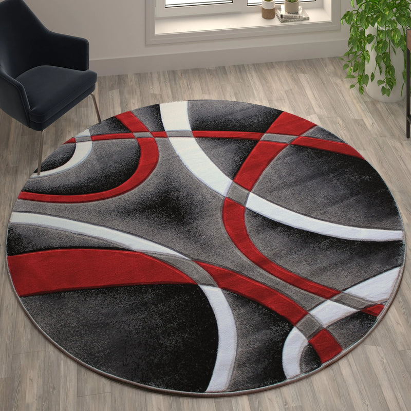 Athens Collection 8' x 8' Red Round Abstract Type 2 Area Rug - Olefin Rug with Jute Backing iHome Studio