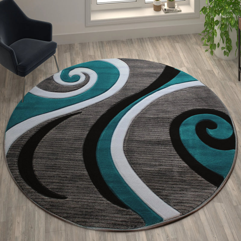 Athens Collection 8' x 8' Turquoise Abstract Type 3 Area Rug - Olefin Rug with Jute Backing iHome Studio