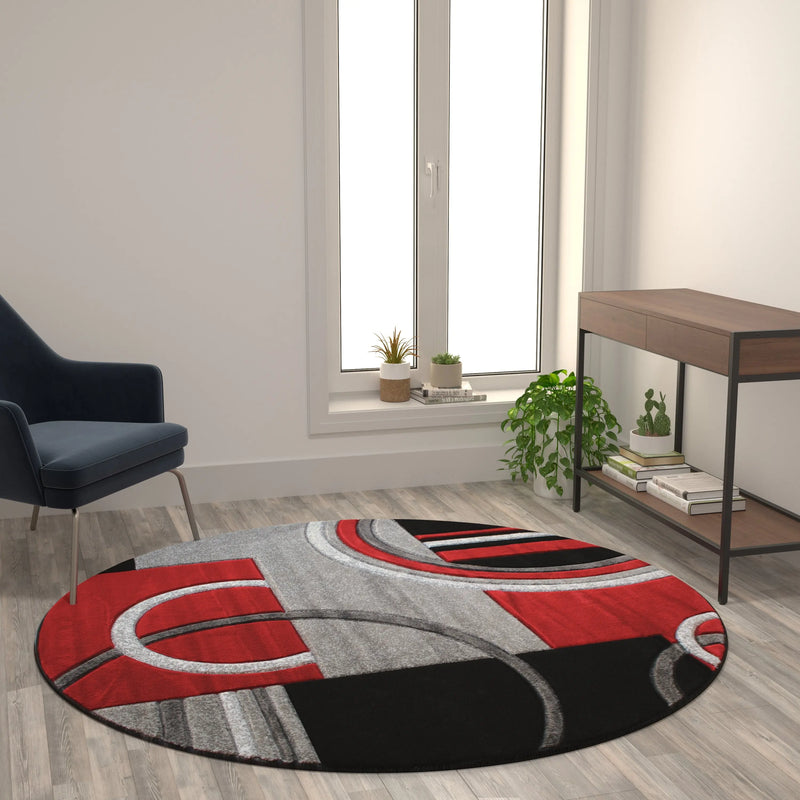 Athens Collection Round 5' x 5' Red Abstract Area Rug - Olefin Rug with Jute Backing iHome Studio