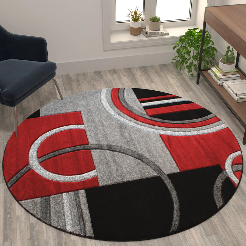Athens Collection Round 5' x 5' Red Abstract Area Rug - Olefin Rug with Jute Backing iHome Studio