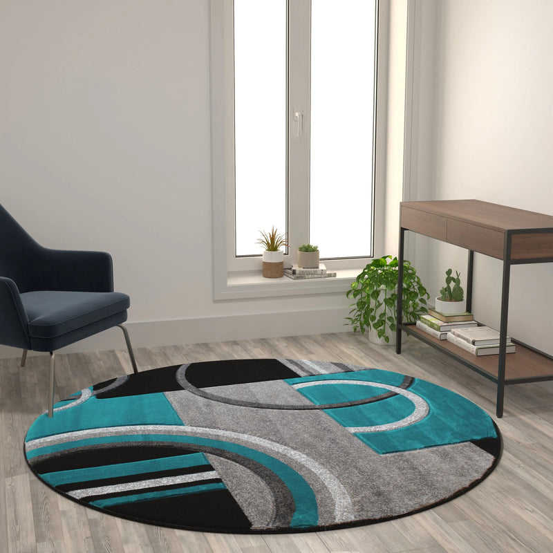 Athens Collection Round 5' x 5' Turquoise Abstract Area Rug - Olefin Rug with Jute Backing iHome Studio