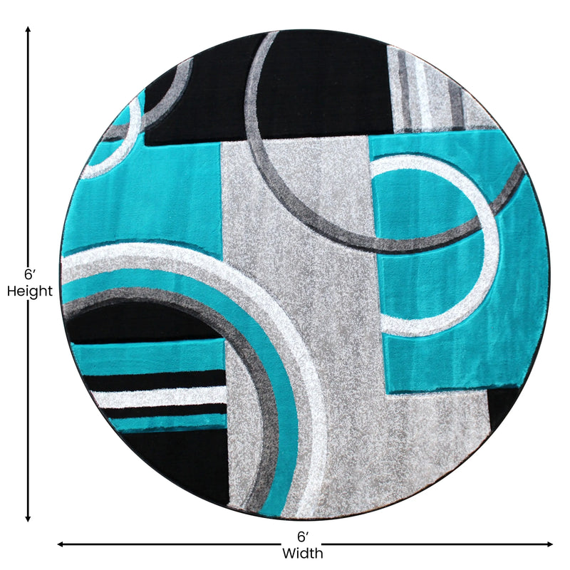 Athens Collection Round 5' x 5' Turquoise Abstract Area Rug - Olefin Rug with Jute Backing iHome Studio