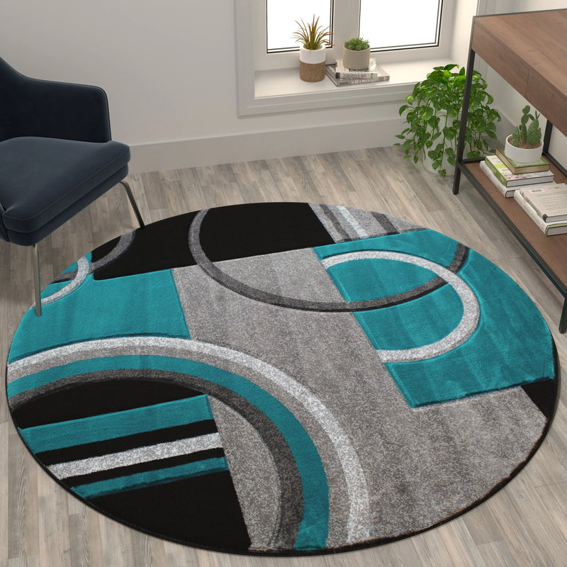 Athens Collection Round 5' x 5' Turquoise Abstract Area Rug - Olefin Rug with Jute Backing iHome Studio