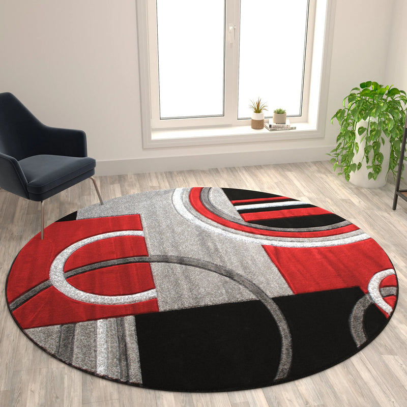 Athens Collection Round 8' x 8' Red Abstract Area Rug - Olefin Rug with Jute Backing iHome Studio