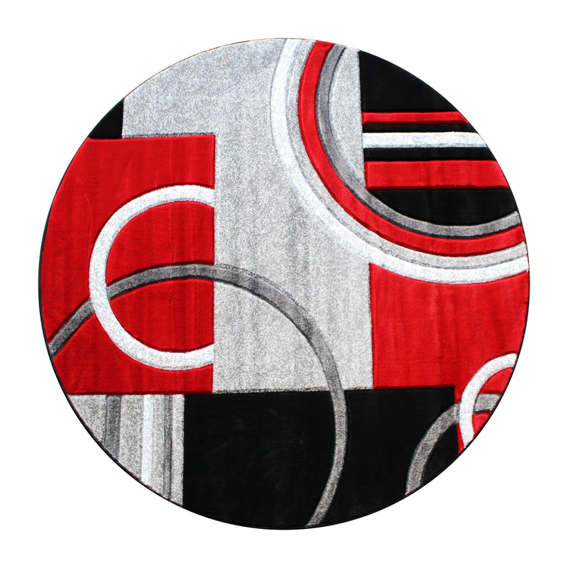 Athens Collection Round 8' x 8' Red Abstract Area Rug - Olefin Rug with Jute Backing iHome Studio