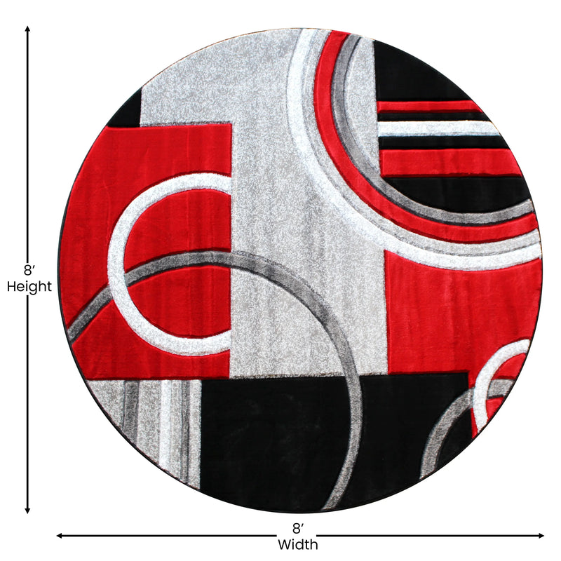 Athens Collection Round 8' x 8' Red Abstract Area Rug - Olefin Rug with Jute Backing iHome Studio