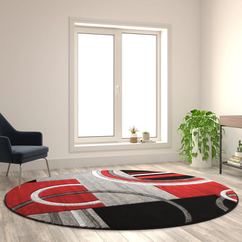 Athens Collection Round 8' x 8' Red Abstract Area Rug - Olefin Rug with Jute Backing iHome Studio